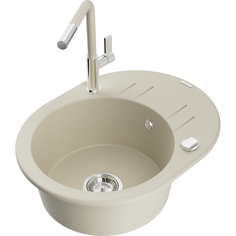 Mexen Kevin 1-compartment granite sink with a drip tray and kitchen mixer tap Flora, Beige - 6517-69-670401-09