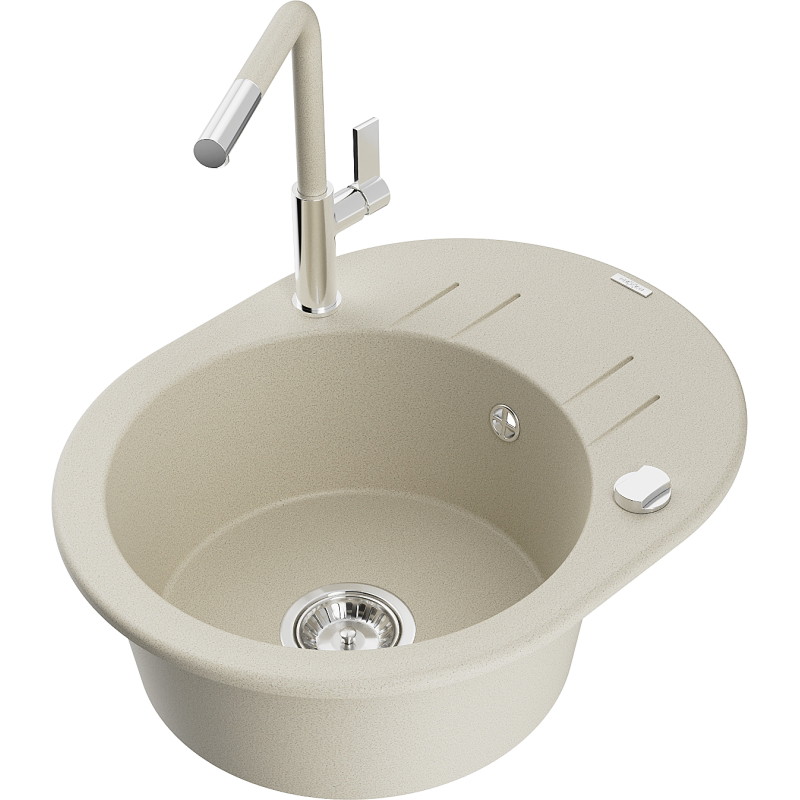 Mexen Kevin granite kitchen sink 1-bowl with drainer and Flora kitchen faucet, beige - 6517-69-670401-09