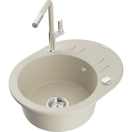 Mexen Kevin 1-bowl granite sink with drainer and Flora kitchen tap, beige - 6517-69-670401-09
