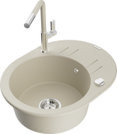 Mexen Kevin granite kitchen sink 1-bowl with drainer and Flora kitchen faucet, beige - 6517-69-670401-09
