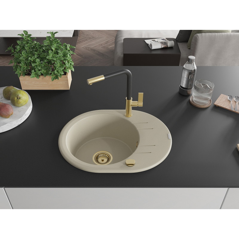 Mexen Kevin 1-bowl granite sink with drainer and Flora kitchen faucet, beige - 6517-69-670401-57-G