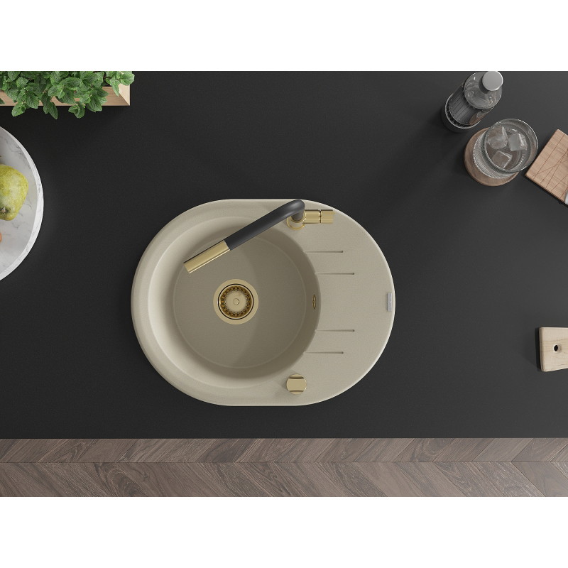 Mexen Kevin 1-bowl granite sink with drainer and Flora kitchen faucet, beige - 6517-69-670401-57-G
