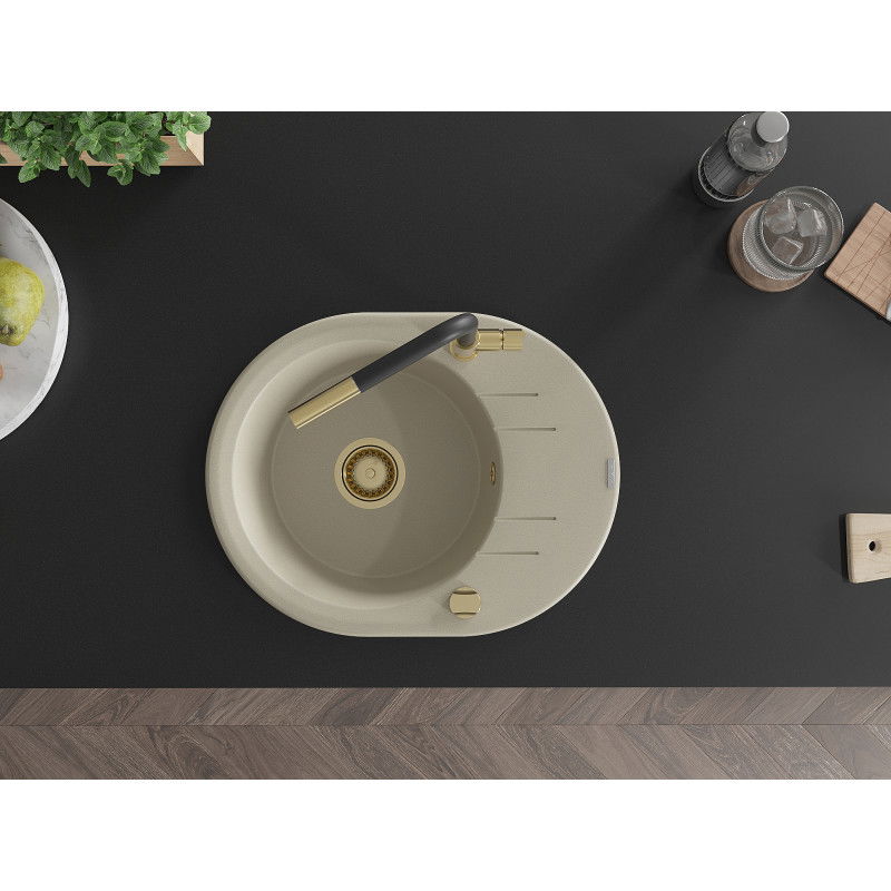 Mexen Kevin granite sink 1-bowl with drainer and Flora kitchen tap, beige - 6517-69-670401-57-G