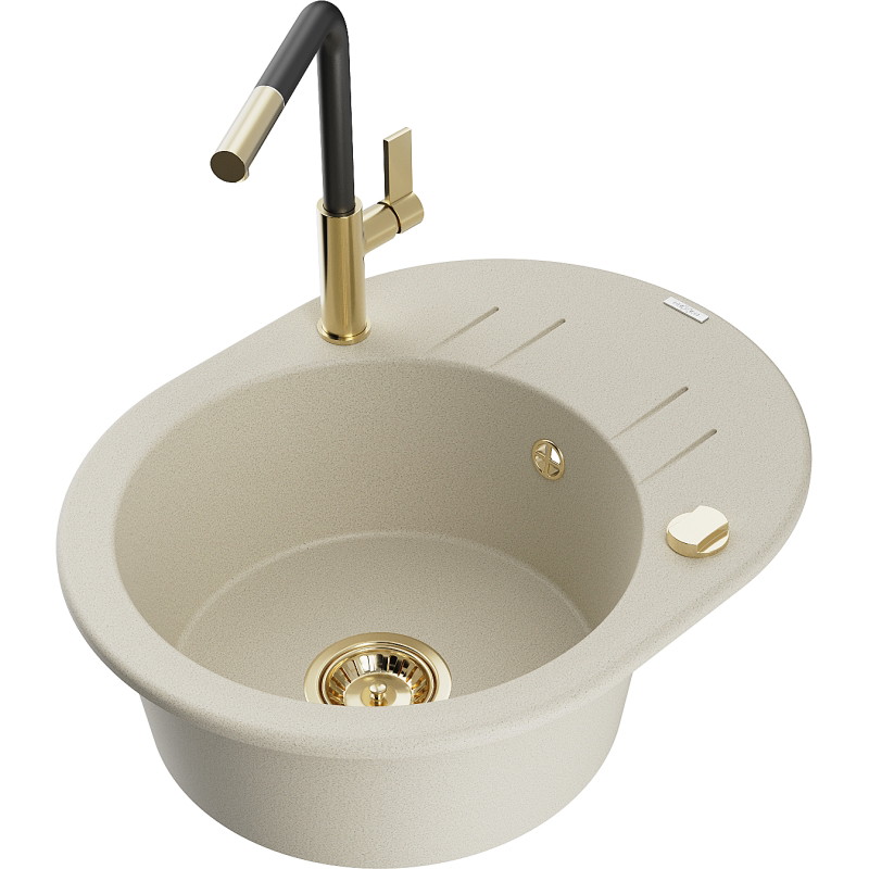 Mexen Kevin 1-bowl granite sink with drainer and Flora kitchen faucet, beige - 6517-69-670401-57-G