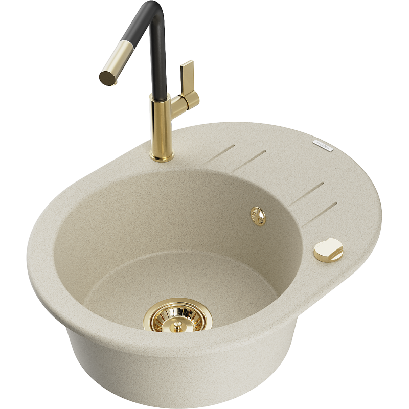 Mexen Kevin granite sink 1-bowl with drainer and Flora kitchen tap, beige - 6517-69-670401-57-G