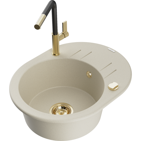 Mexen Kevin 1-compartment granite sink with a drip tray and kitchen mixer tap Flora, Beige - 6517-69-670401-57-G