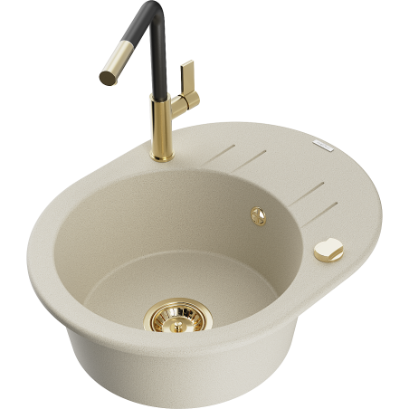 Mexen Kevin granite sink 1-bowl with drainer and Flora kitchen tap, beige - 6517-69-670401-57-G