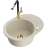 Mexen Kevin 1-bowl granite sink with drainer and Flora kitchen faucet, beige - 6517-69-670401-57-G