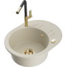 Mexen Kevin 1-compartment granite sink with a drip tray and kitchen mixer tap Flora, Beige - 6517-69-670401-57-G
