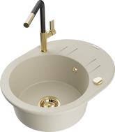 Mexen Kevin 1-bowl granite sink with drainer and Flora kitchen faucet, beige - 6517-69-670401-57-G