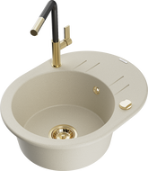 Mexen Kevin 1-compartment granite sink with a drip tray and kitchen mixer tap Flora, Beige - 6517-69-670401-57-G
