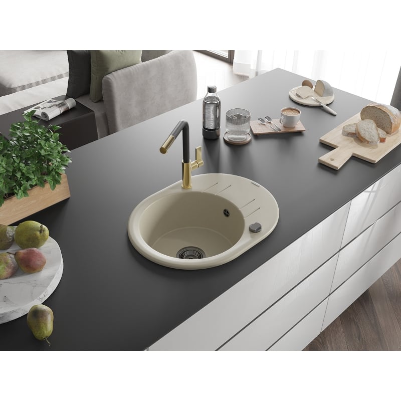 Mexen Kevin granite kitchen sink 1-bowl with drainer and Flora kitchen faucet, beige - 6517-69-670401-57-B