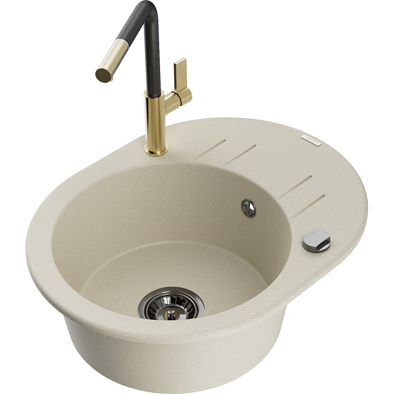 Mexen Kevin 1-compartment granite sink with a drip tray and kitchen mixer tap Flora, Beige - 6517-69-670401-57-B