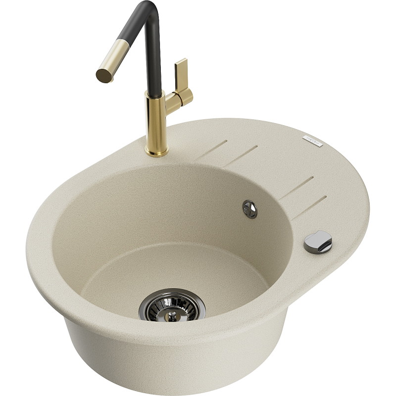 Mexen Kevin granite kitchen sink 1-bowl with drainer and Flora kitchen faucet, beige - 6517-69-670401-57-B