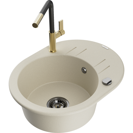 Mexen Kevin 1-compartment granite sink with a drip tray and kitchen mixer tap Flora, Beige - 6517-69-670401-57-B