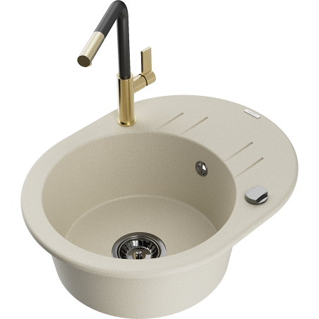 Mexen Kevin granite kitchen sink 1-bowl with drainer and Flora kitchen faucet, beige - 6517-69-670401-57-B