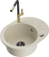 Mexen Kevin 1-Bowl Granite Sink with Drainer and Flora Kitchen Faucet, Beige - 6517-69-670401-57-B