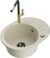 Mexen Kevin 1-compartment granite sink with a drip tray and kitchen mixer tap Flora, Beige - 6517-69-670401-57-B