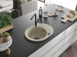 Mexen Kevin 1-compartment granite sink with a drip tray and kitchen mixer tap Flora, Beige - 6517-69-670401-70-B