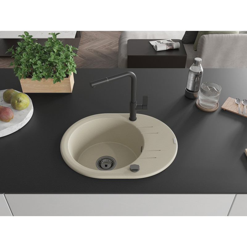 Mexen Kevin granite kitchen sink single-bowl with drainer and Flora kitchen faucet, beige - 6517-69-670401-70-B