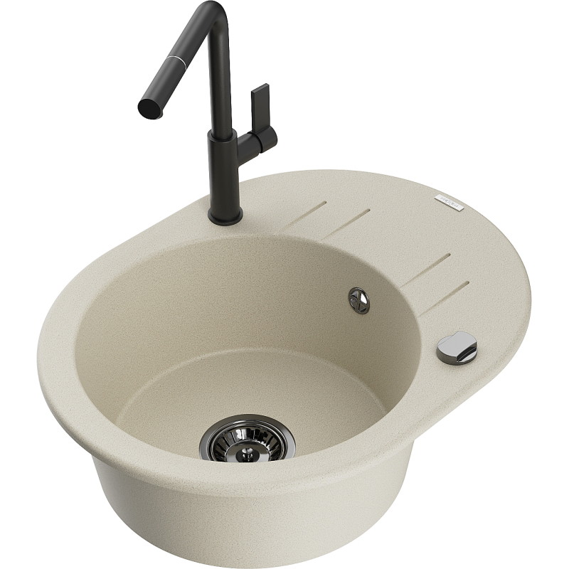 Mexen Kevin granite kitchen sink single-bowl with drainer and Flora kitchen faucet, beige - 6517-69-670401-70-B