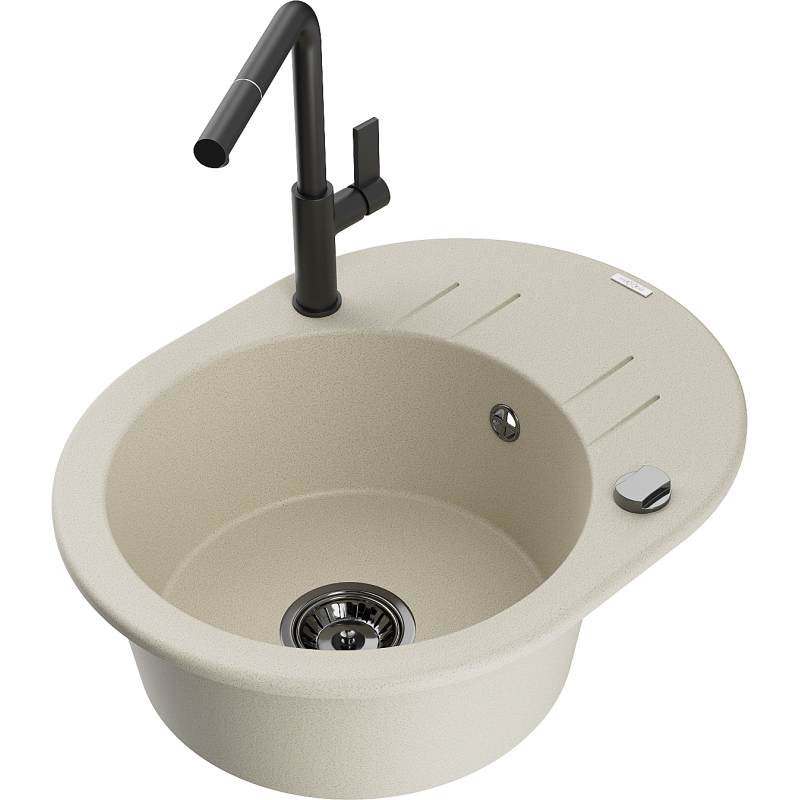 Mexen Kevin granite sink with 1 bowl, drainer and Flora kitchen tap, beige - 6517-69-670401-70-B