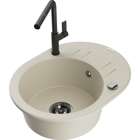 Mexen Kevin granite kitchen sink single-bowl with drainer and Flora kitchen faucet, beige - 6517-69-670401-70-B