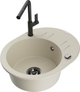 Mexen Kevin 1-compartment granite sink with a drip tray and kitchen mixer tap Flora, Beige - 6517-69-670401-70-B