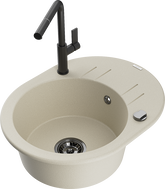 Mexen Kevin granite kitchen sink single-bowl with drainer and Flora kitchen faucet, beige - 6517-69-670401-70-B
