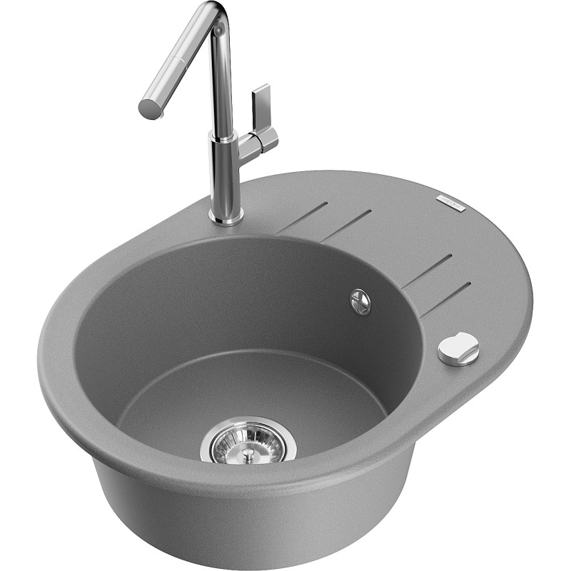 Mexen Kevin granite sink 1-bowl with drainer and Flora kitchen faucet, gray - 6517-71-670401-00