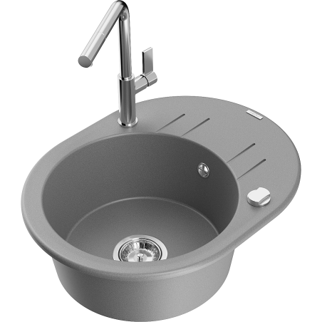 Mexen Kevin granite kitchen sink, single-bowl with drainer and Flora kitchen faucet, gray - 6517-71-670401-00