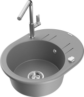 Mexen Kevin granite sink 1-bowl with drainer and Flora kitchen faucet, gray - 6517-71-670401-00