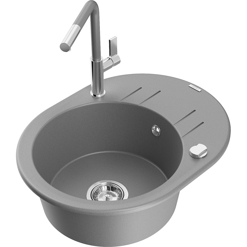 Mexen Kevin 1-bowl granite kitchen sink with drainer and Flora kitchen faucet, gray - 6517-71-670401-06