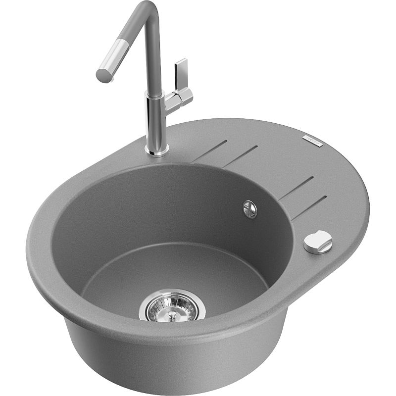 Mexen Kevin single-bowl granite sink with drainer and Flora kitchen tap, grey - 6517-71-670401-06