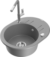 Mexen Kevin granite sink 1-bowl with drainer and Flora kitchen faucet, gray - 6517-71-670401-06