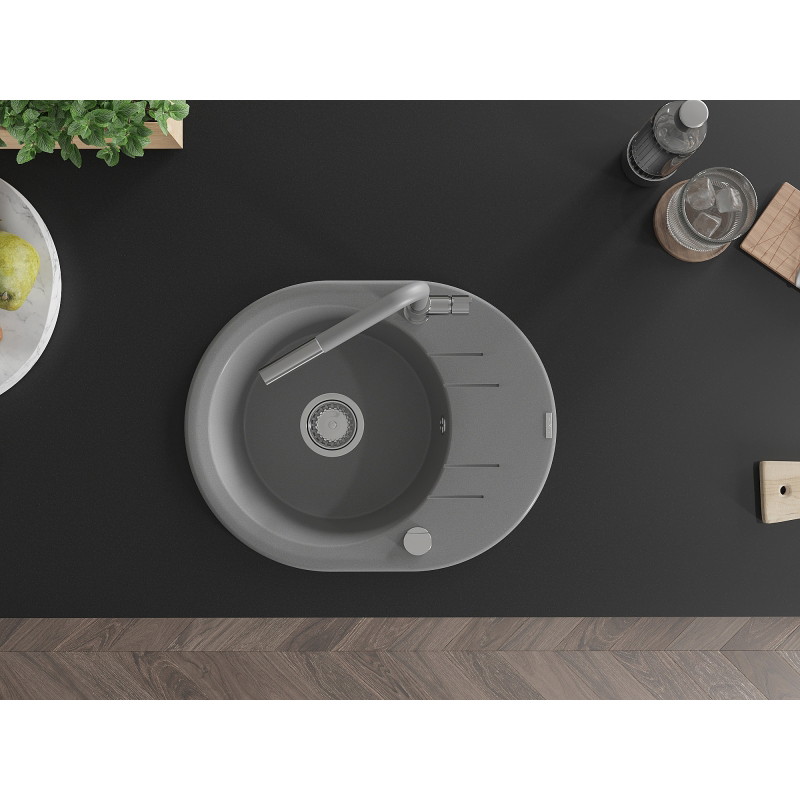 Mexen Kevin granite sink 1-bowl with drainer and Flora kitchen faucet, gray - 6517-71-670401-06