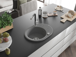Mexen Kevin 1-bowl granite sink with drainer and Flora kitchen faucet, gray - 6517-71-670401-07