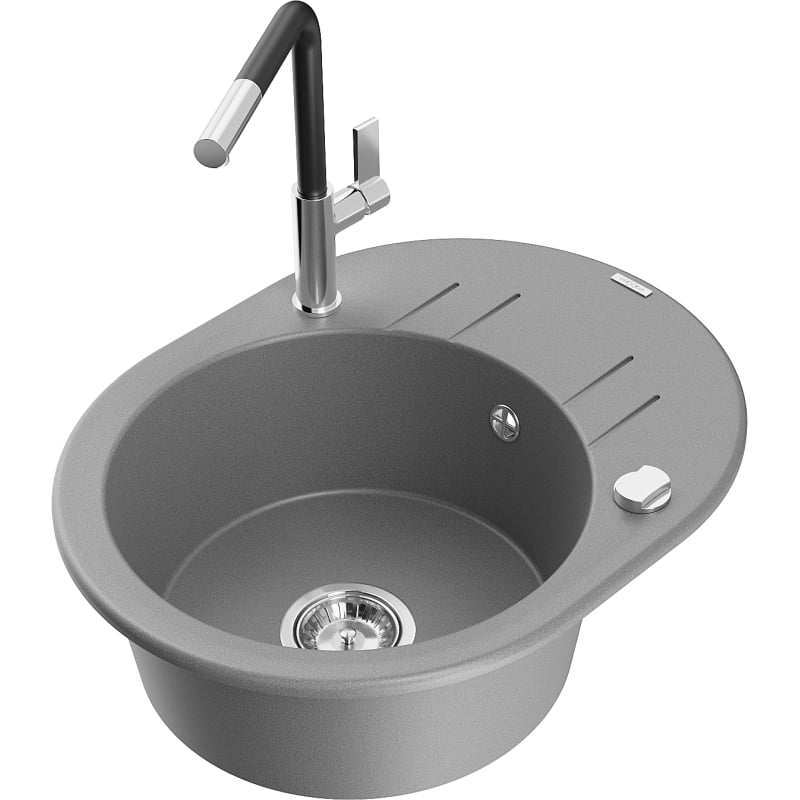 Mexen Kevin 1-bowl granite kitchen sink with drainer and Flora faucet, gray - 6517-71-670401-07
