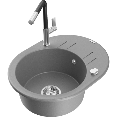 Mexen Kevin 1-bowl granite sink with drainer and Flora kitchen faucet, gray - 6517-71-670401-07