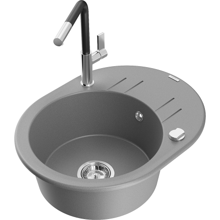 Mexen Kevin 1-bowl granite sink with drainer and Flora kitchen tap, grey - 6517-71-670401-07