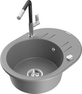 Mexen Kevin 1-bowl granite kitchen sink with drainer and Flora faucet, gray - 6517-71-670401-07