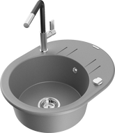 Mexen Kevin 1-bowl granite sink with drainer and Flora kitchen tap, grey - 6517-71-670401-07