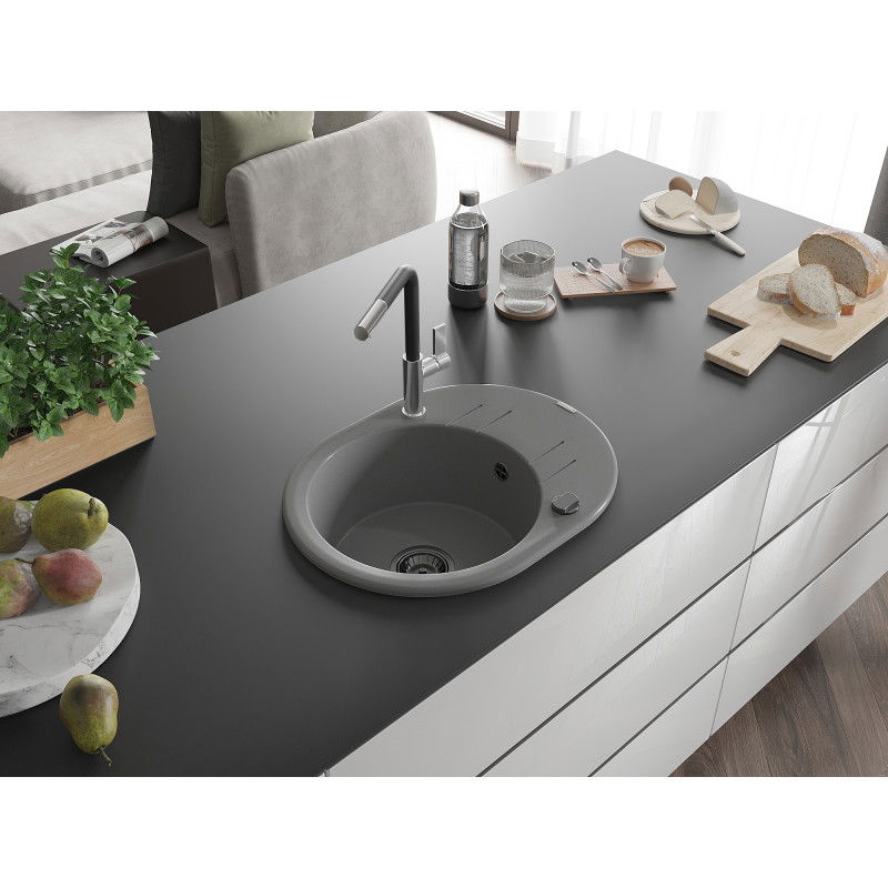Mexen Kevin granite sink 1-bowl with drainer and Flora kitchen tap, grey - 6517-71-670401-07-B