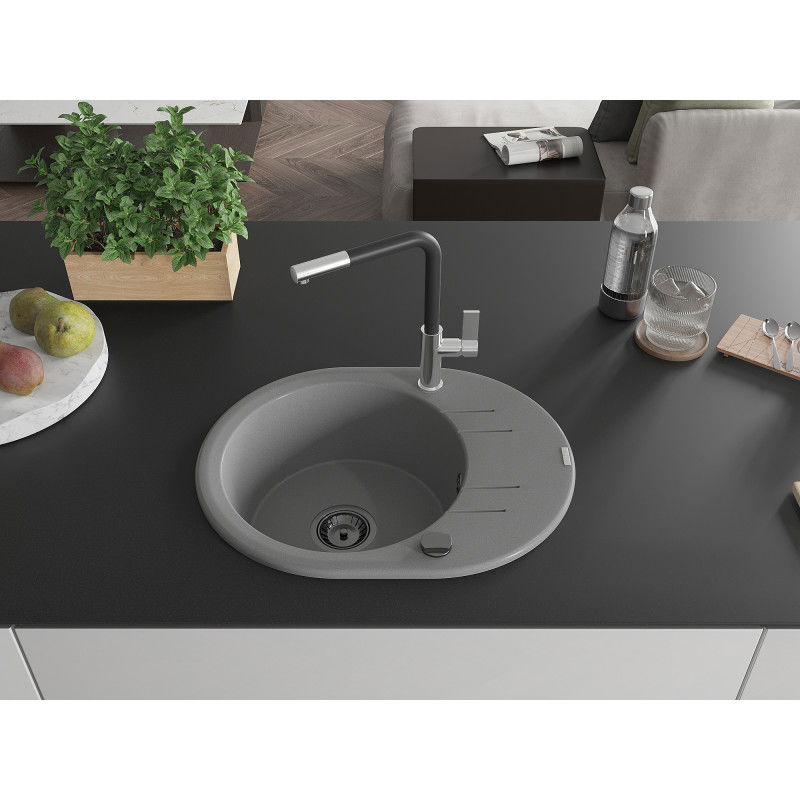 Mexen Kevin granite sink 1-bowl with drainer and Flora kitchen tap, grey - 6517-71-670401-07-B