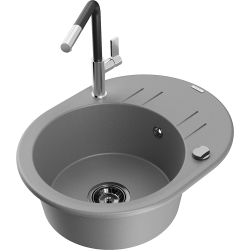 Mexen Kevin 1-compartment granite sink with a drip tray and kitchen mixer tap Flora, Grey - 6517-71-670401-07-B