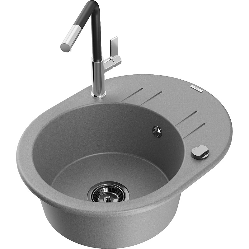 Mexen Kevin 1-bowl granite kitchen sink with drainer and Flora kitchen faucet, gray - 6517-71-670401-07-B