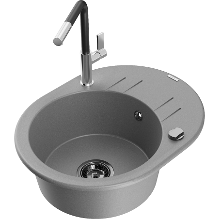 Mexen Kevin granite sink 1-bowl with drainer and Flora kitchen tap, grey - 6517-71-670401-07-B