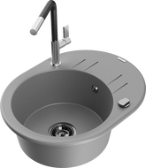 Mexen Kevin 1-compartment granite sink with a drip tray and kitchen mixer tap Flora, Grey - 6517-71-670401-07-B