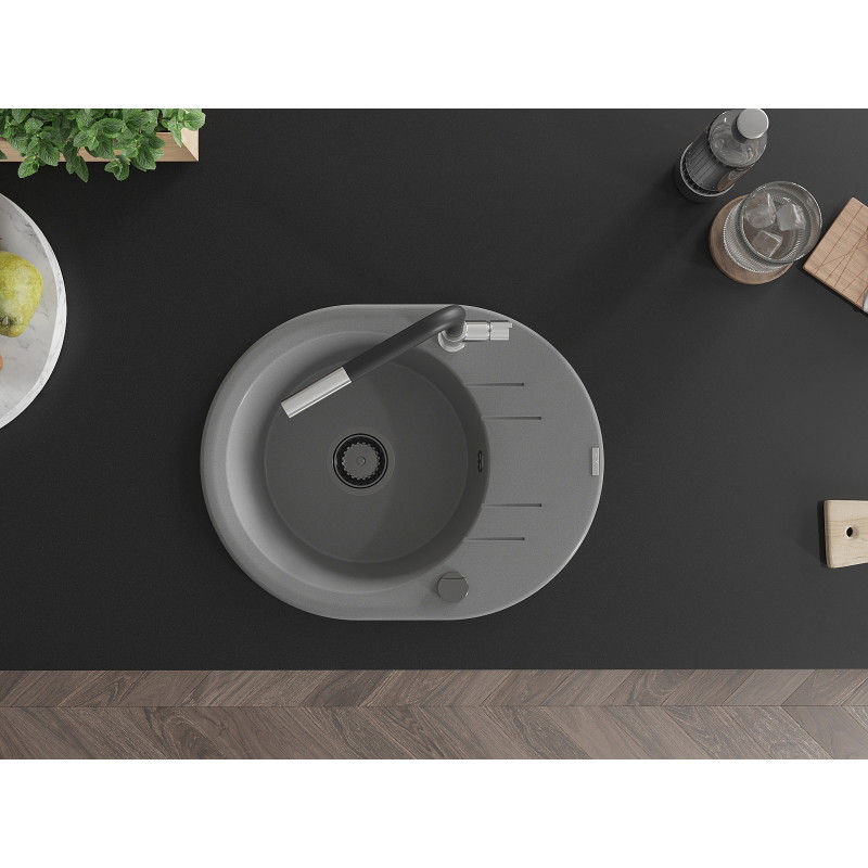 Mexen Kevin single-bowl granite sink with drainer and kitchen faucet Flora, gray - 6517-71-670401-07-B