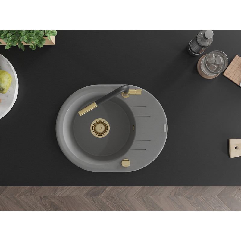 Mexen Kevin 1-bowl granite sink with drainer and Flora kitchen faucet, gray - 6517-71-670401-57-G